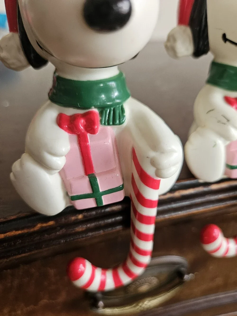 Vintage 1986 Snoopy Christmas Stocking Hangers Holders Pair Peanuts Candy Cane